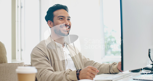 Image of Internet, search and businessman on a computer for planning, creative and happy in office. Male, entrepreneur and handsome, corporate and employee typing, browsing and email, smile and satisfied