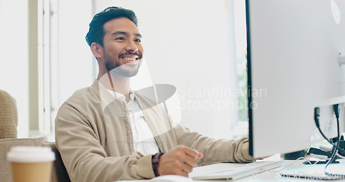 Image of Internet, search and businessman on a computer for planning, creative and happy in office. Male, entrepreneur and handsome, corporate and employee typing, browsing and email, smile and satisfied