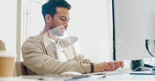Image of Office laptop, hands and businessman typing feedback review of social media, customer experience or e commerce website. Data analytics, research report and media analyst doing online survey analysis