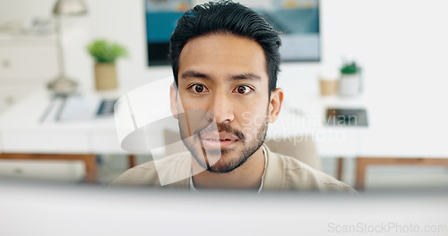 Image of Asian man, face thinking and idea with computer, planning and brainstorming for success in programming. Tech startup worker, executive focus and solution with innovation by desktop pc in workplace