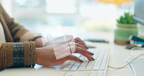 Image of Hands typing closeup, woman and time lapse at startup office with speed for goal, target or schedule. Office, seo expert and computer for website traffic, search data analytics and planning strategy