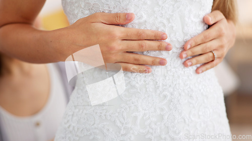 Image of Wedding dress, happy bride and woman fitting on elegant lace gown at dressmaker in a shop, store or boutique. Dream, smile and bridal wear with female or customer choosing the perfect style for her