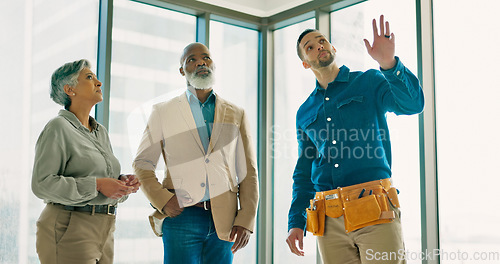 Image of Diversity, interior architecture team and building layout design meeting collaboration. Business management leaders, construction strategy planning together and industrial engineer teamwork