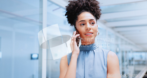 Image of Corporate woman, smartphone and call while listening in office, thinking and vision in consulting job. Black woman, phone call and listen to conversation, idea or offer on network for finance company