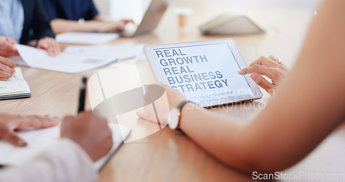 Image of Meeting, hands and writing with a business team using a tablet while planning in a boardroom. Data, finance and strategy with an employee working in collaboration at the office for growth or success