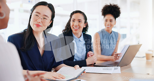 Image of Teamwork, laptop and business people with documents in meeting. Planning, collaboration and group of women with computer and paperwork for reviewing sales, advertising or marketing strategy in office