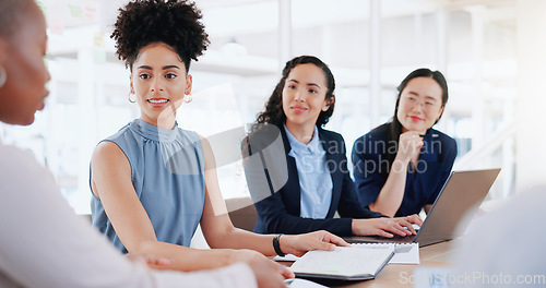 Image of Laptop, documents and teamwork of business people in meeting. Planning, collaboration and group of women with computer and paperwork discussing sales, advertising or marketing strategy in office.