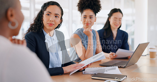 Image of Teamwork, collaboration and business people with documents in meeting. Planning, laptop and group of women with computer and paperwork discussing sales, advertising or marketing strategy in office.
