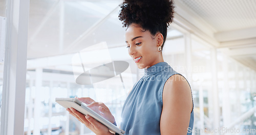 Image of Tablet, research and planning with a business black woman at work in her office for growth or development. Data, innovation and search with a female employee checking her schedule or calendar online