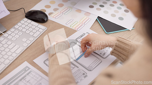 Image of Phone, app and planning with the hands of a woman in business working on software development in her office. Design, creative and strategy with a female employee at work on a smartphone application