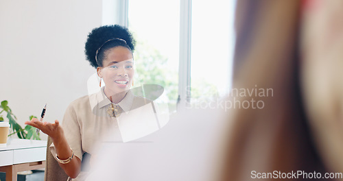 Image of Business women, teamwork or diversity meeting on paper or documents review in coaching or training feedback. Smile, happy or talking speaker in leadership workshop, collaboration or strategy planning