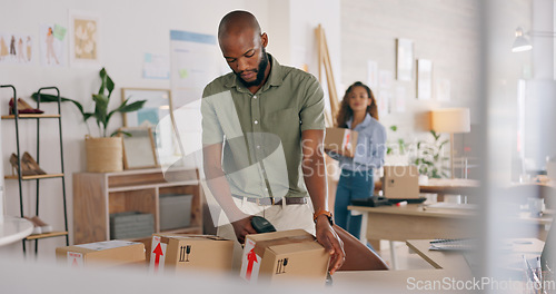 Image of Packaging, fashion and delivery box people with online shop business for e commerce, supply chain and logistics industry. Retail, stock management and supplier with clothes cardboard boxes in office