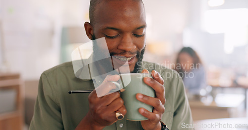 Image of Man smell coffee, cup and aroma for inspiration while working, design and planning in startup. Creative black man, cafe and fragrance of drink to start morning at graphic design business in Atlanta