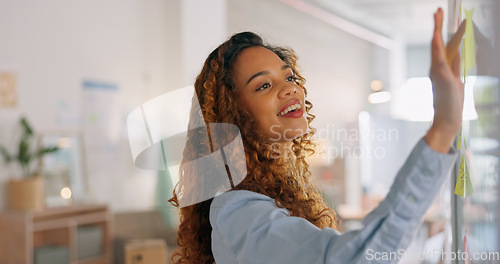 Image of Business woman, sticky note planning and writing solution, ideas and vision in marketing agency office. Happy young entrepreneur, innovation and strategy notes, creative logistics and schedule goals