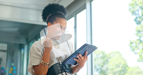 Image of Happy black woman, tablet and victory for promotion, winning or good news at the office. Excited African American female employee in celebration for victory, win or achievement with touchscreen
