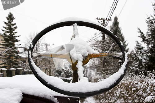 Image of vintage streering wheel covered in snow