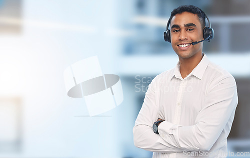 Image of Call center, mockup and smile with portrait of man for customer support, telemarketing and communications. Consulting, happy and sales with employee and arms crossed for help desk, advisory and crm