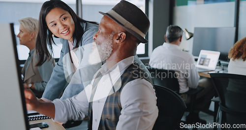Image of Business, manager training employee and conversation for system process, schedule and office. Black man, Asian woman and discussion for new trainee, intern and talking for online analysis and leader.
