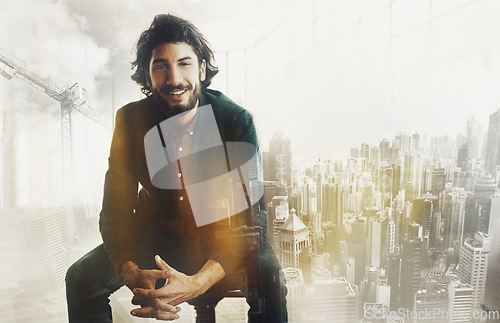 Image of City double exposure, business man portrait and architect with a smile from success and work innovation. Architecture, ceo and businessman with buildings overlay with leadership idea and thinking