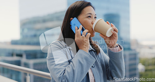 Image of Business woman, phone call and coffee in city, talking or chatting. Face, cellphone and female employee from Singapore drinking tea while speaking or networking with contact on 5g mobile smartphone.