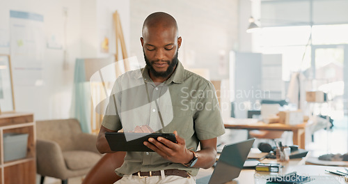 Image of Tablet, office and business black man with digital marketing, company asset management and startup career. Commerce, technology and businessman entrepreneur, boss or manager in a work smile portrait