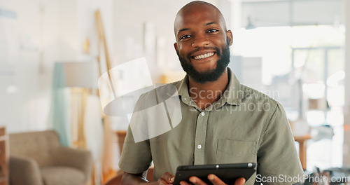 Image of Tablet, office and business black man with digital marketing, company asset management and startup career. Commerce, technology and businessman entrepreneur, boss or manager in a work smile portrait