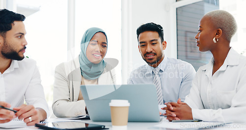 Image of Laptop, diversity or business people planning in office for marketing strategy, web SEO growth or research. Teamwork, happy or manager on tech for collaboration, social media or KPI documents review