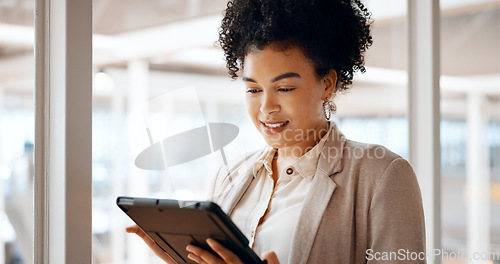 Image of Business woman, tablet and face with success and leadership, technology and corporate communication. Email, networking and digital marketing with seo, black woman executive in professional portrait