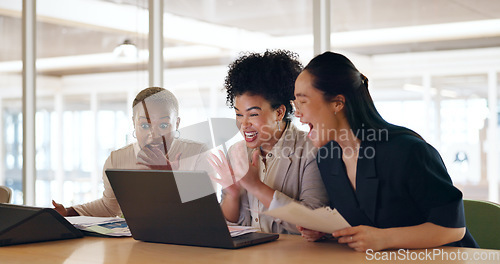 Image of Corporate, women and applause with laptop, achievement and teamwork for project success, business deal and workplace. Team, staff and female employees clapping for new contract and digital marketing