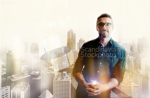 Image of Businessman, portrait smile and city in double exposure with serious career ambition, goals or success. Confident male architect employee smiling for idea or architecture buildings on overlay