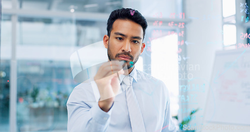 Image of Thinking, strategy and serious businessman writing on glass wall with thoughtful analysis in office. Brainstorming, planning and vision of corporate worker with focus, concentration and idea.