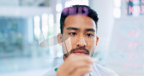 Image of Idea, innovation and strategy of businessman writing on glass wall with thinking face in office. Brainstorming, planning and vision of corporate worker with optimistic, happy and excited smile.