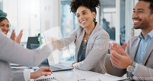 Image of Success, handshake or happy black woman meeting company kpi goals, sales target or bonus achievement. Shaking hands, b2b deal or excited employees with applause for a worker winning a business deal