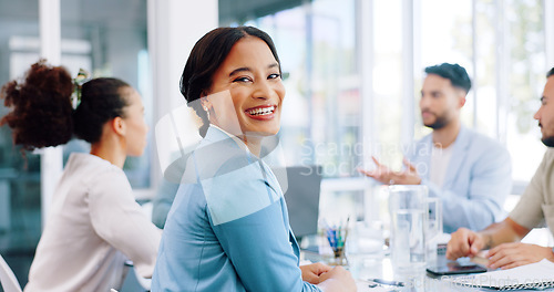 Image of Happy business woman, portrait or internship in office meeting, boardroom training or diversity teamwork collaboration. Smile, corporate or opportunity in global finance company or strategy planning