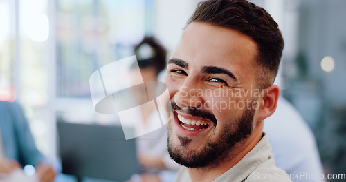 Image of Laughing businessman, portrait and collaboration in office meeting, boardroom intern and diversity teamwork. Zoom, smile or happy employee in global finance opportunity and company strategy planning