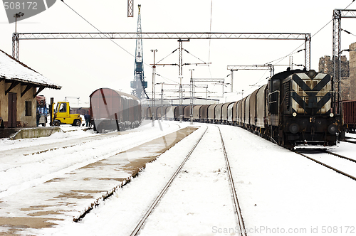 Image of trains in freight yard winter