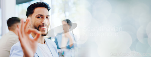 Image of Perfect, happy and portrait of a businessman with a hand in a meeting for success, planning and ok. Smile, seminar and face of an employee with an emoji sign for a deal, agreement or support