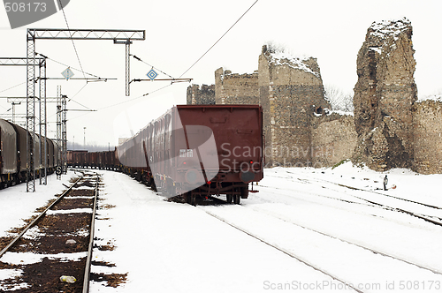 Image of trains in freight yard winter