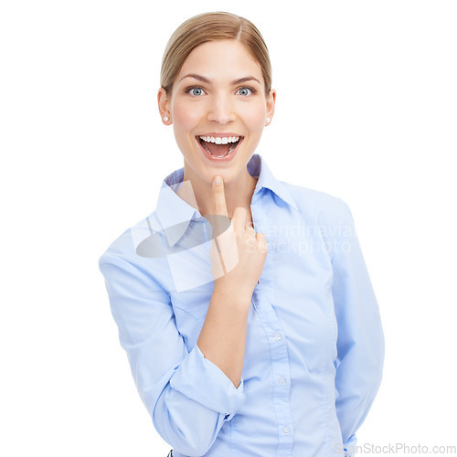 Image of Happy portrait, business woman and excited while isolated on white background for promotion announcement. Face of a female entrepreneur for wow, surprise sale or startup opportunity advertising