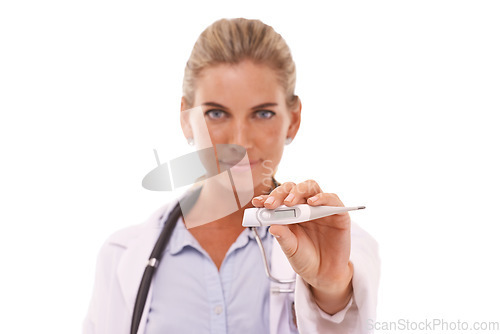 Image of Woman, doctor and holding thermometer for healthcare, checkup or medical examination against a white studio background. Portrait of female health specialist or expert with temperature stick for test