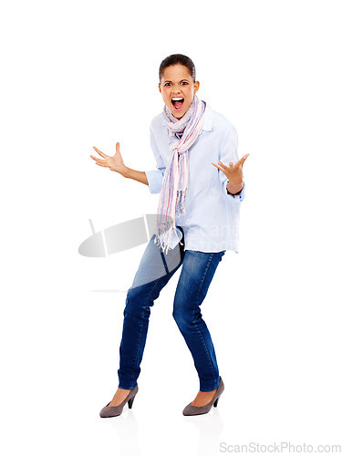 Image of Angry, frustrated and scream portrait of a woman with stress screaming about work isolated. White background, model and business employee screaming and standing with anger gesture and studio mockup
