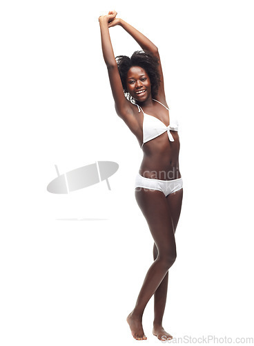 Image of Black woman, underwear and happy for body beauty, summer fitness exercise and skincare motivation. African model, smile and skincare wellness, body positivity and cosmetics dermatology in bikini