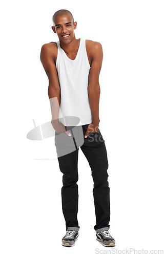 Image of Black man, happiness and fashion portrait of a model with isolated, full body and white background. Hands in pockets, smile and happy person feeling cool and stylish alone in studio with mock up