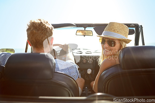 Image of Car travel, road trip and back portrait of couple on bonding holiday adventure, transportation journey or fun summer vacation. Love flare, convertible vehicle or driver driving in Ukraine countryside