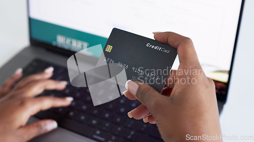 Image of Ecommerce, credit card and typing on laptop while doing online shopping with fintech technology with closeup of woman hands. Paying bills, order and internet banking with secure wifi connection