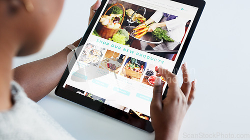 Image of Social media, food and blog by woman influencer on digital tablet, checking homepage design and layout. Health, diet and female nutritionist posting health tips vegan trends, searching online content