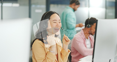 Image of CRM, woman or Asian customer service applause for success telemarketing consultant, support or communication. Happy sale advisor, winner or call center for office deal, consulting or customer support