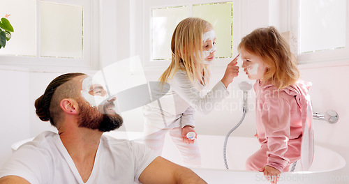 Image of Father, girl kids and face mask in bathroom in for comic bonding, smile and happy together for skincare. Happy, dad and daughter children with cream, facial and beauty for skin with funny happiness