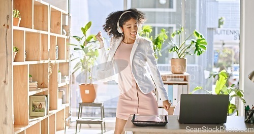 Image of Business laptop, dance and black woman in office celebrating successful project. Energy, freedom and happy carefree female employee from South Africa dancing for victory after winning contract deal.