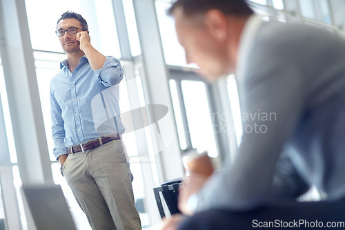 Image of Phone call communication, lounge and businessman in airport talking, networking and chat about journey. Mobile conversation, discussion and corporate employee, worker or agent speaking about travel